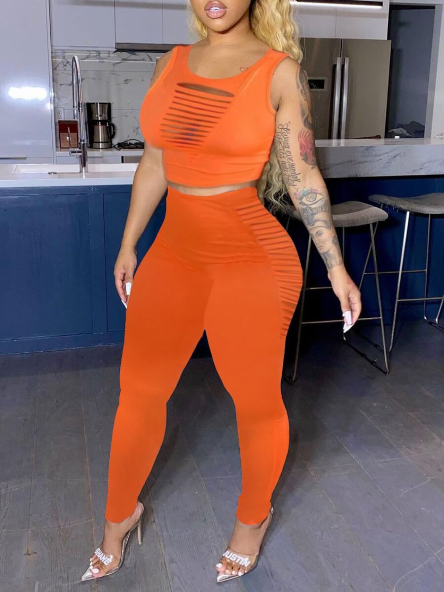 

Lovely Street Tank Sleeveless Broken Holes Croci Plus Size Two-piece Pants Set