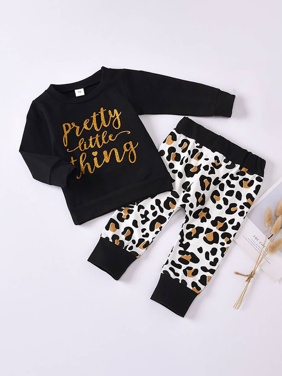 

Lovely Casual O Neck Letter Leopard Print Patchwork Black Girl Two Piece Pants Set