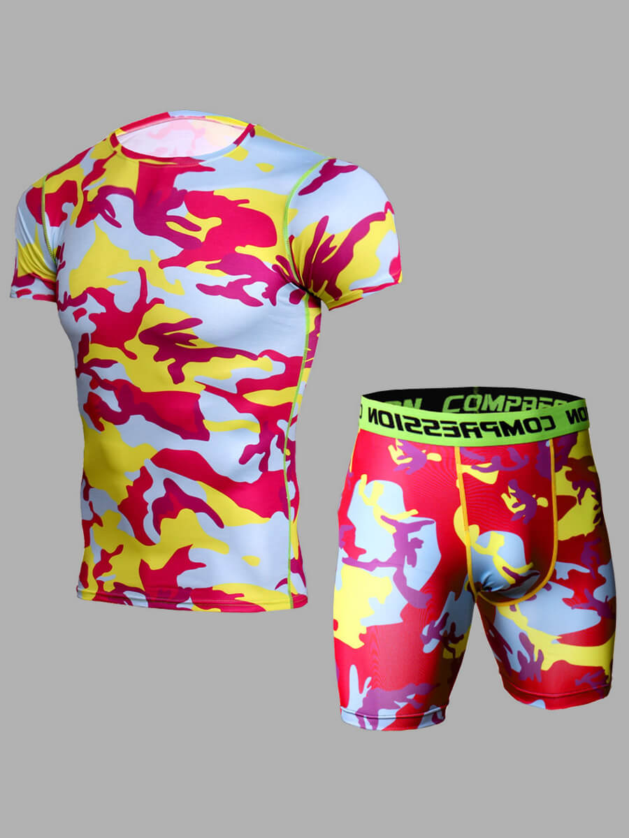 

Lovely Men Sportswear O Neck Camo Print Multicolor Two Piece Shorts Set, Multi