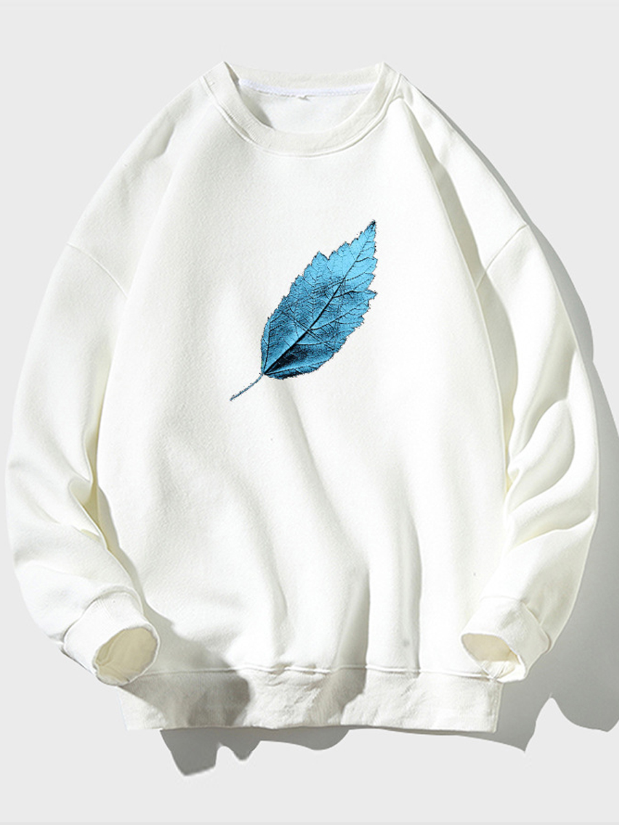 

Lovely Casual O Neck Leaf Print White Men Hoodie