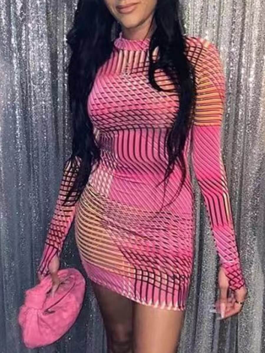 

Lovely Street Half A Turtleneck Print Pink Mini Dress