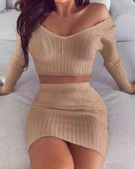 LW V Neck Elastic Skirt Set