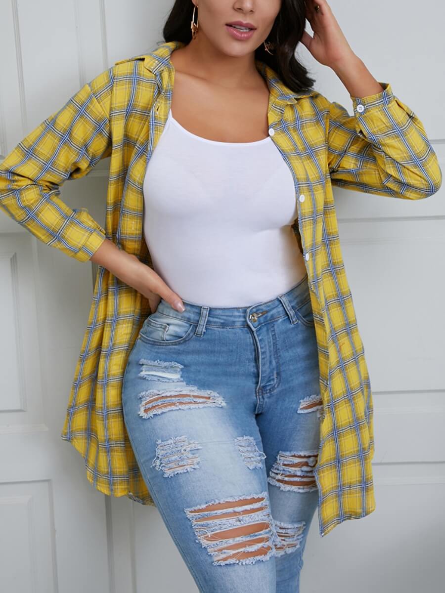 

Lovely Casual Turndown Collar Plaid Print Yellow Jacket