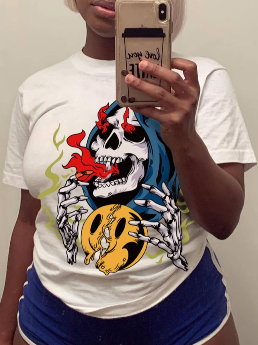 

LW Casual O Neck Skull Print White T-shirt