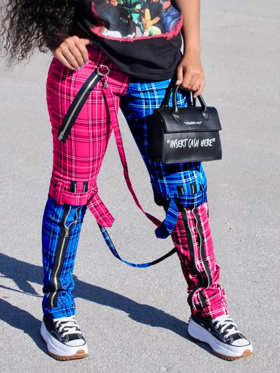 

Lovely Street Mid Waist Plaid Print Patchwork Bandage Design Blue Pants