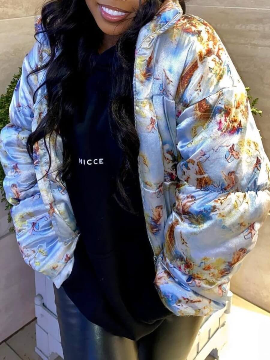 

Lovely Casual Mandarin Collar Print White Parka