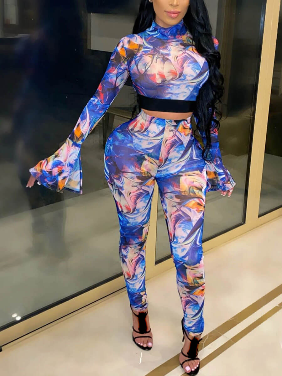 

Lovely Sweet Flared Print Patchwork Blue Two Piece Pants Set(No-positioning Printing)