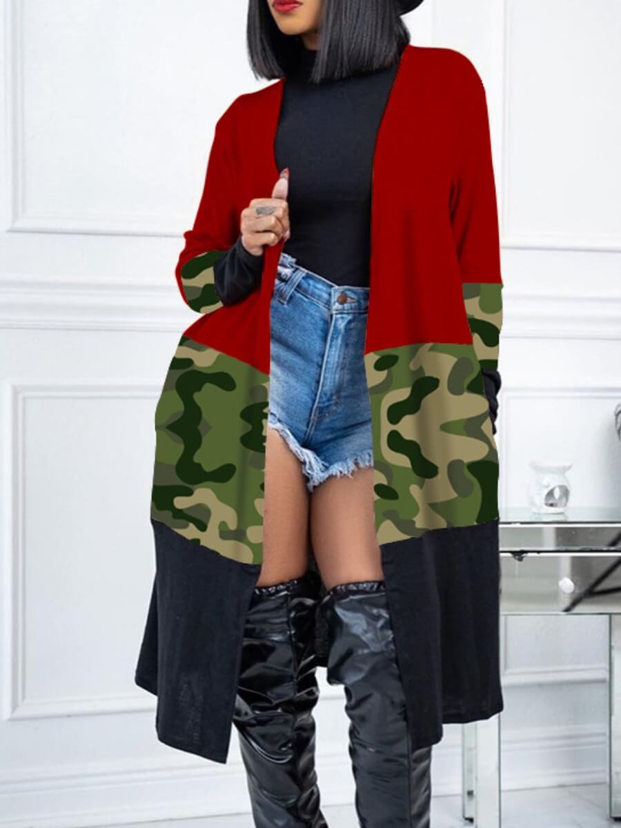 

Lovely Casual Camo Print Patchwork Wine Red Trench Coat