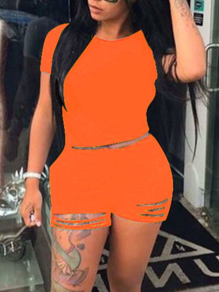 

Lovely Casual O Neck Broken Holes Orange Two Piece Shorts Set