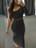 LW Party One Shoulder Skinny Black Two Piece Skirt Set