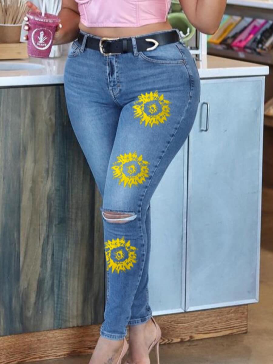 

Lovely Casual High-waisted Broken Holes Print Blue Jeans