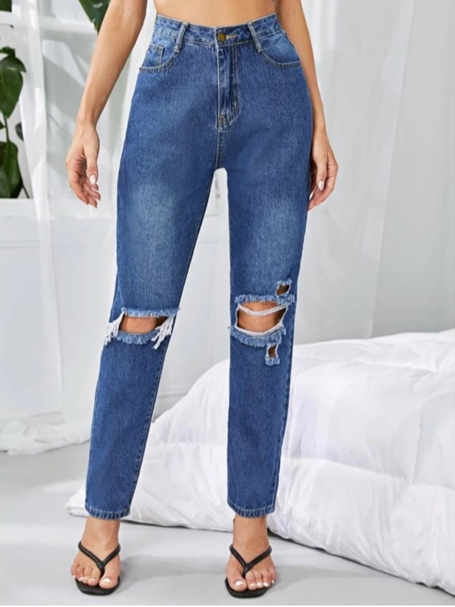 

Lovely Casual High-waisted Broken Holes Deep Blue Mom Jeans