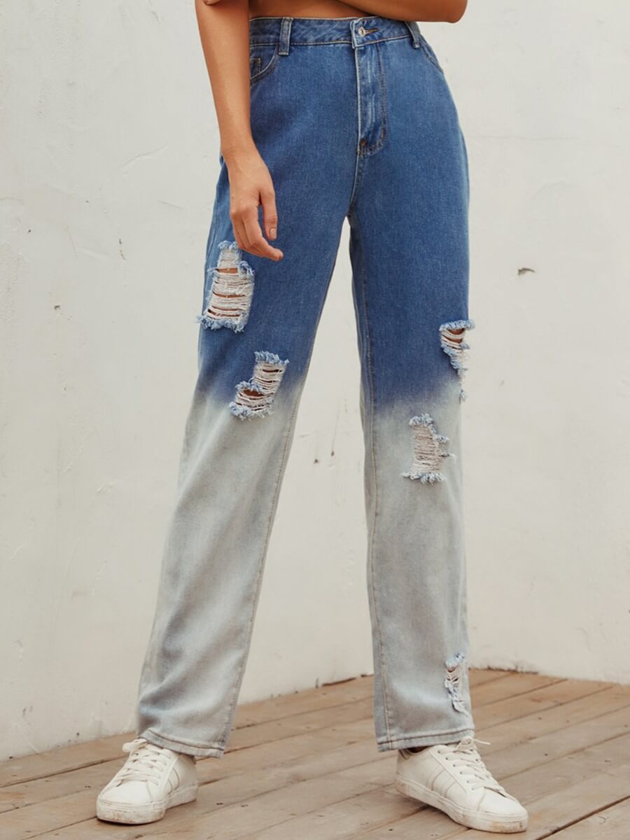 

Lovely Casual High-waisted Broken Holes Gradient Blue Mom Jeans