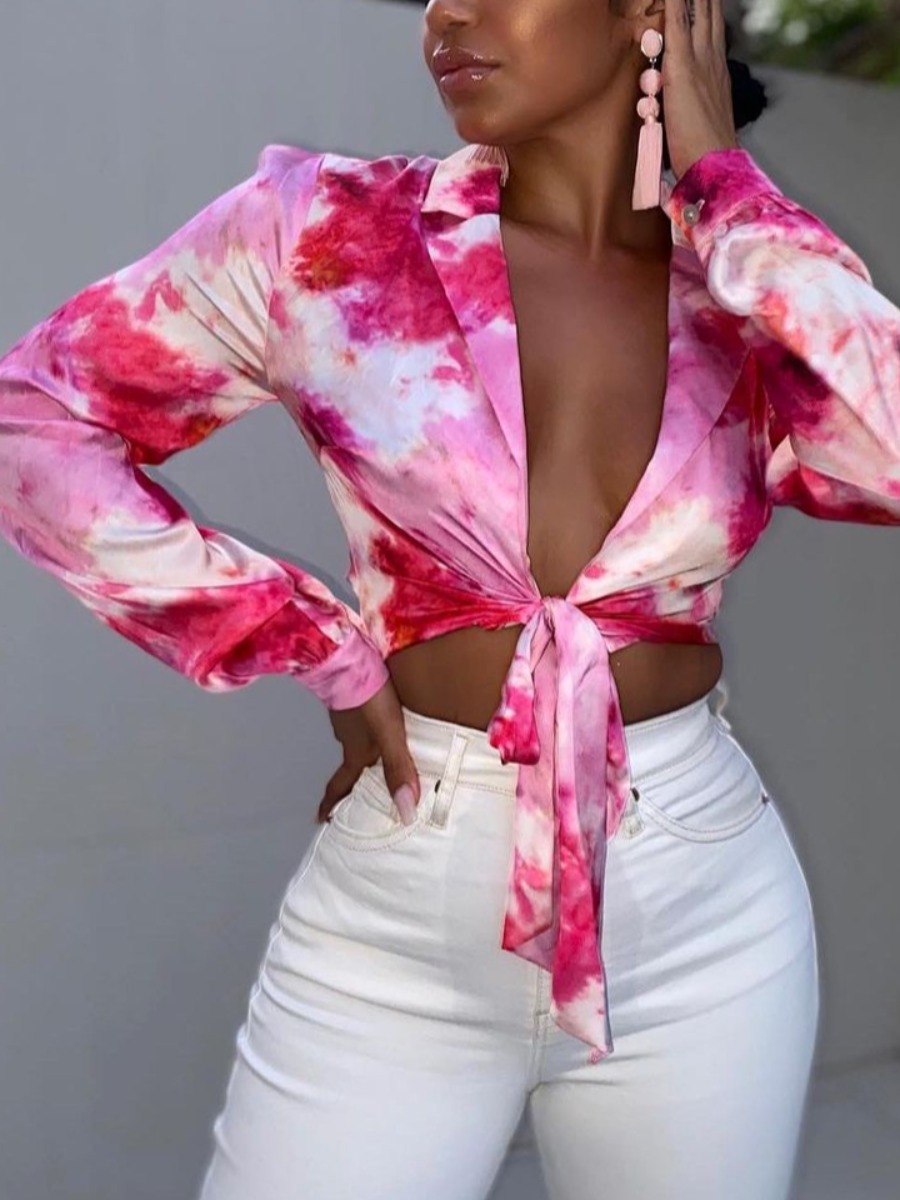 

Lovely Casual Turndown Collar Tie-dye Rose Red Blouse