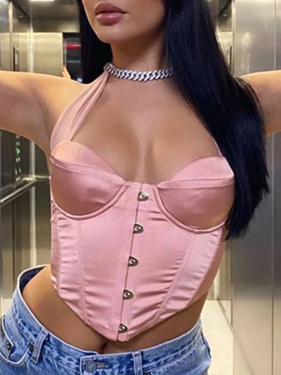 

Lovely Sexy Button Design Asymmetrical Pink Camisole