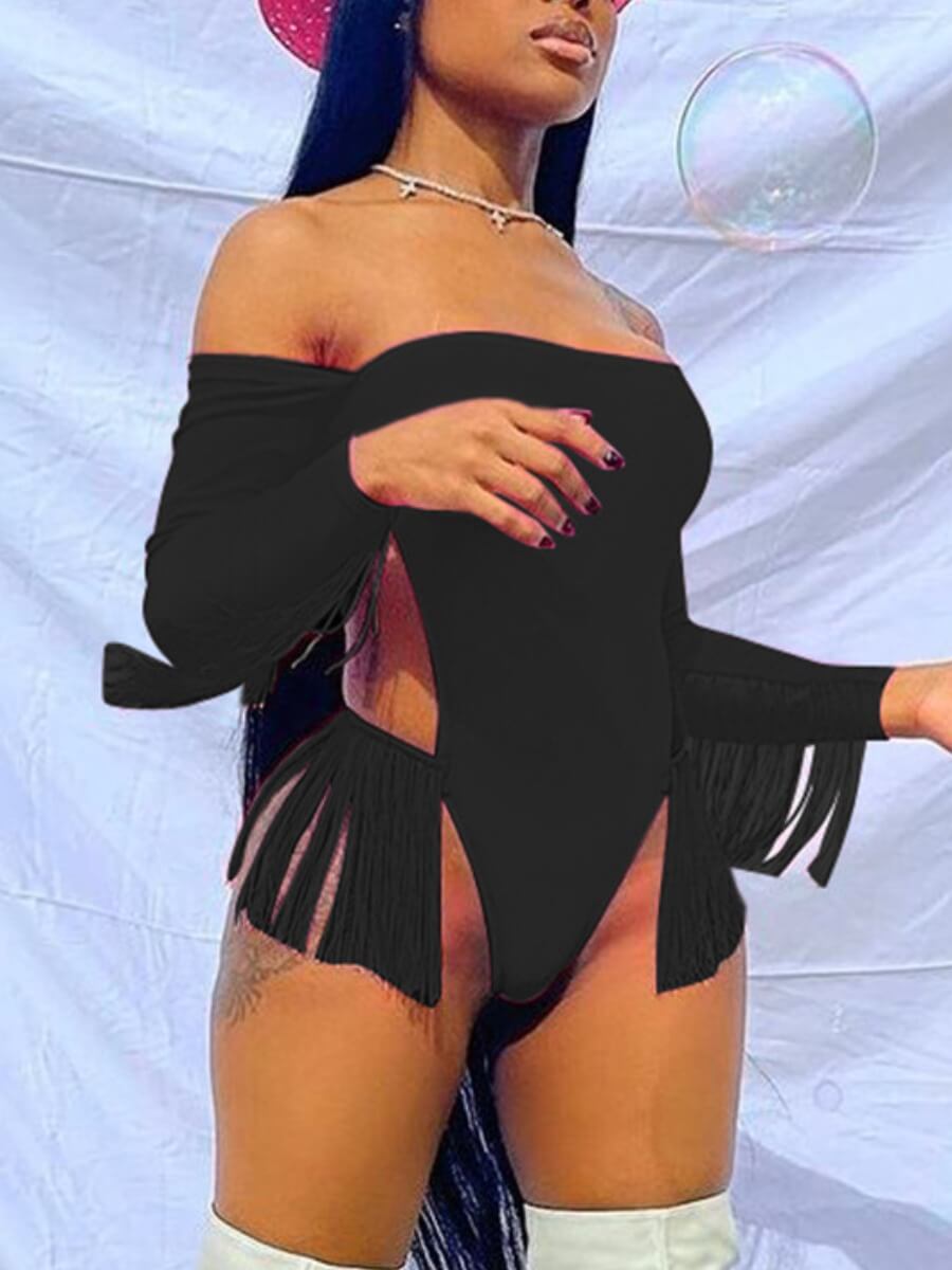 

Lovely Sexy Off The Shoulder Backless Tassel Design Black One-piece Swimsuit
