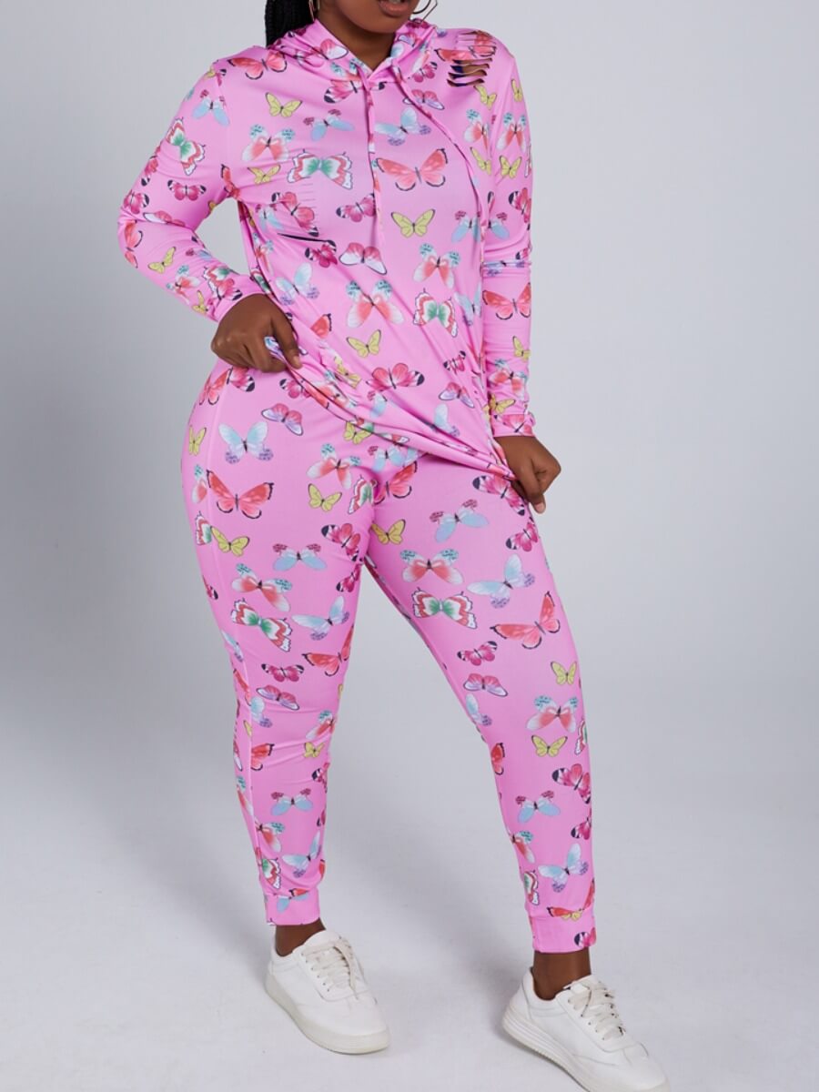 

Lovely Sweet Hooded Collar Butterfly Print Pink Plus Size Two-piece Pants Set