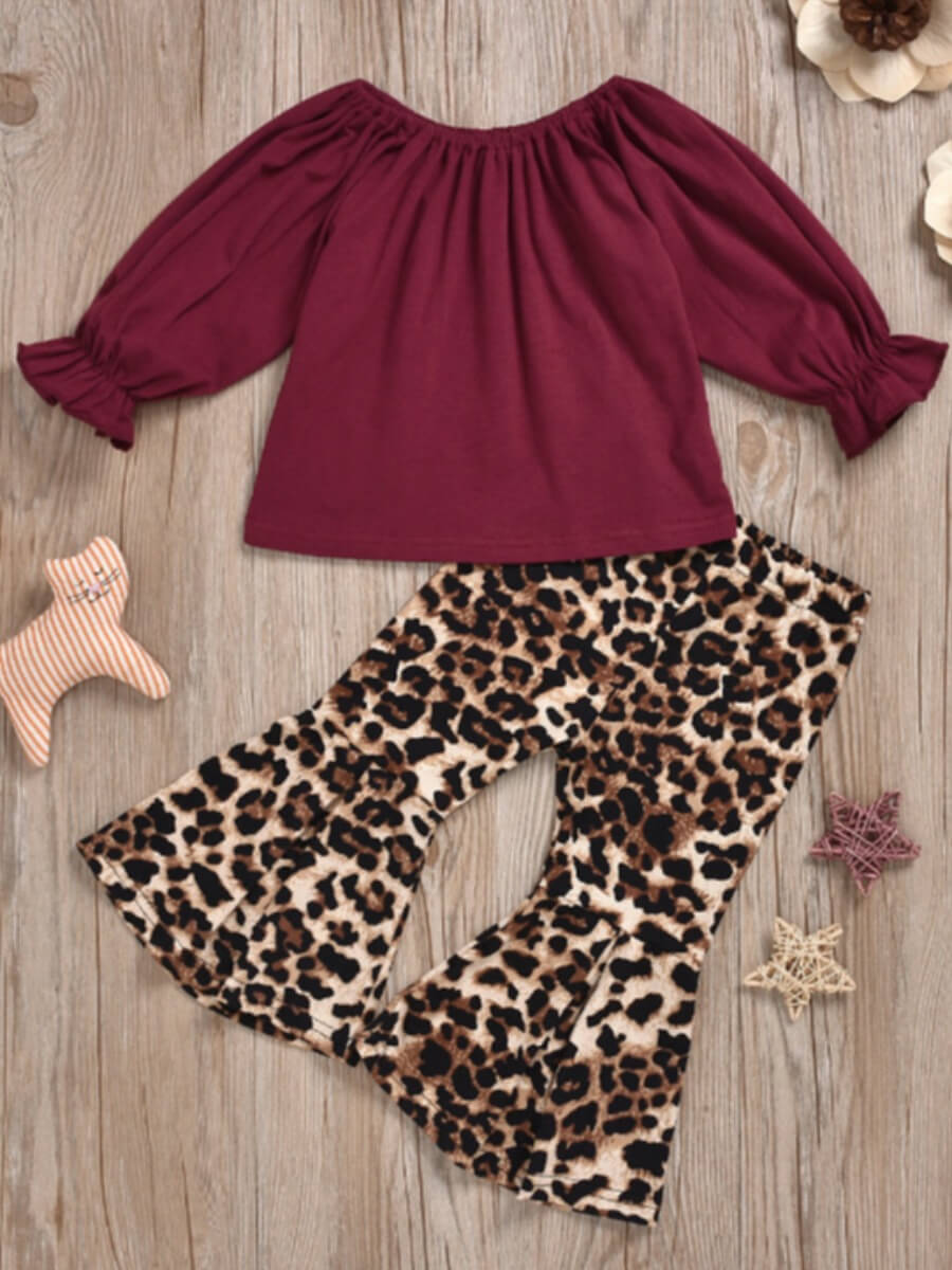 

Lovely Girl Casual Leopard Print Flared Ruffle Design Wine Red Two Piece Pants Set