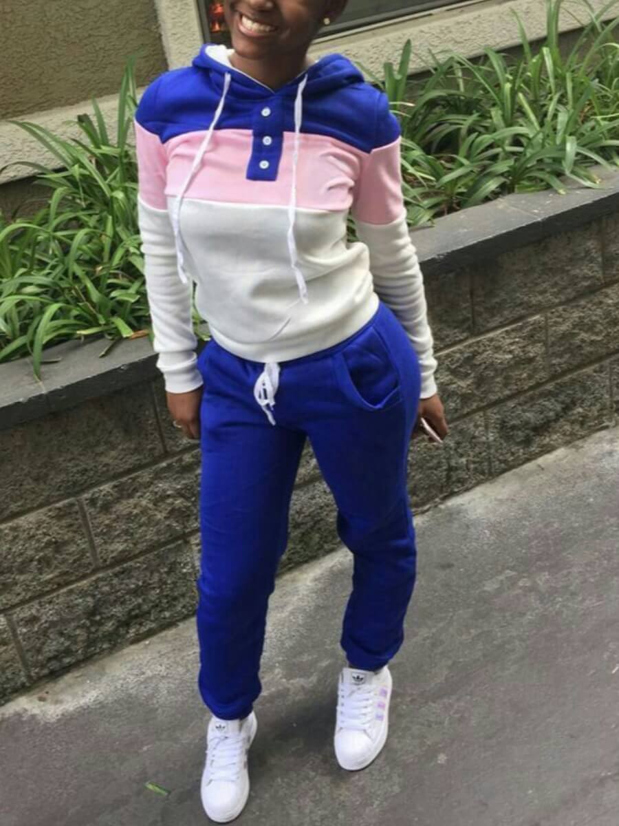

Lovely Casual Hooded Collar Patchwork Button Design Blue Two Piece Pants Set