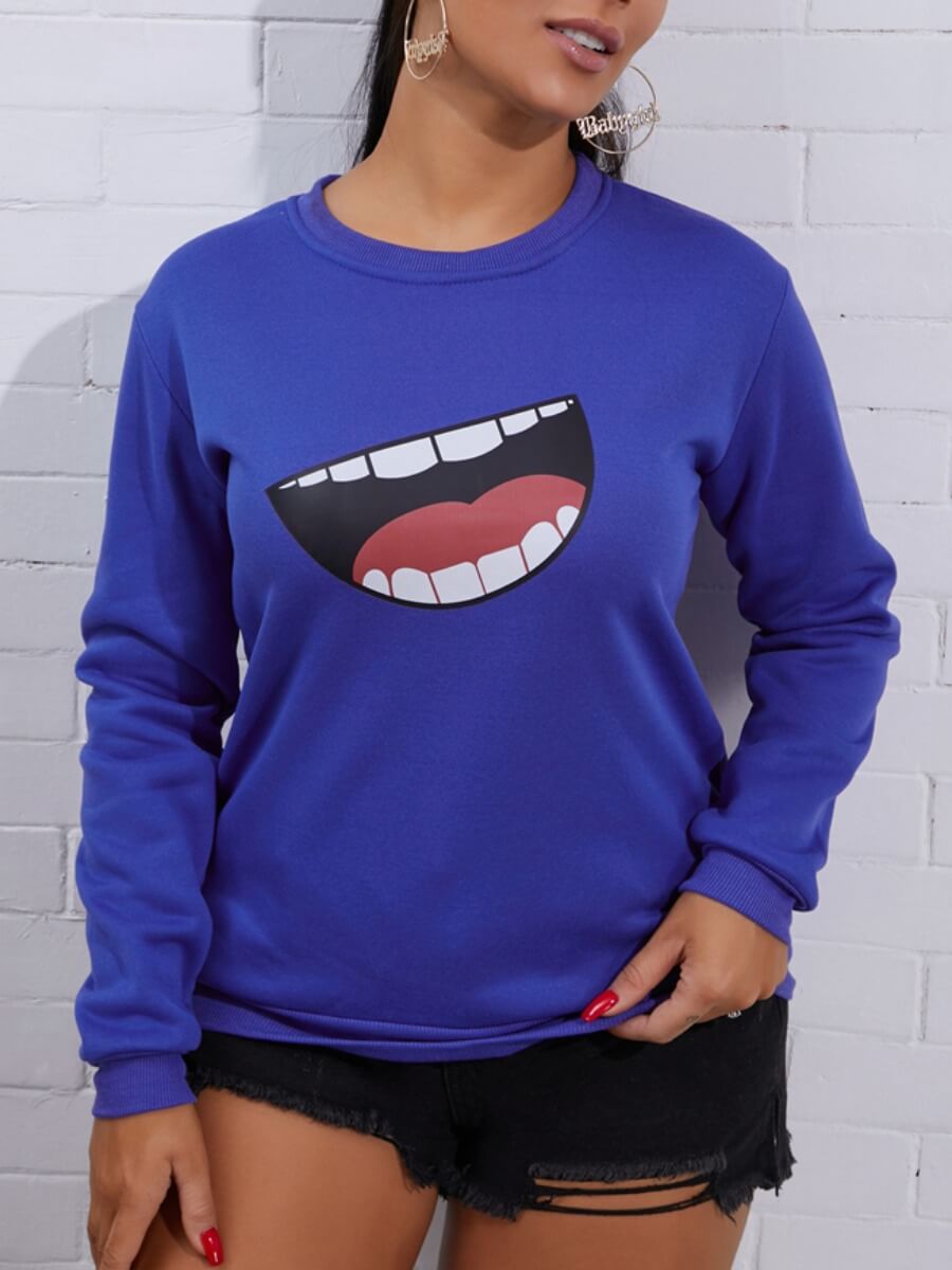 

Lovely Casual O Neck Mouth Print Blue Hoodie