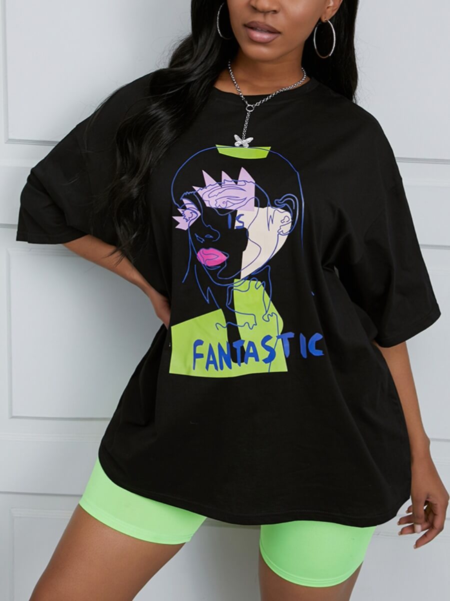 

Lovely Casual Letter Cartoon Print Patchwork Black T-shirt
