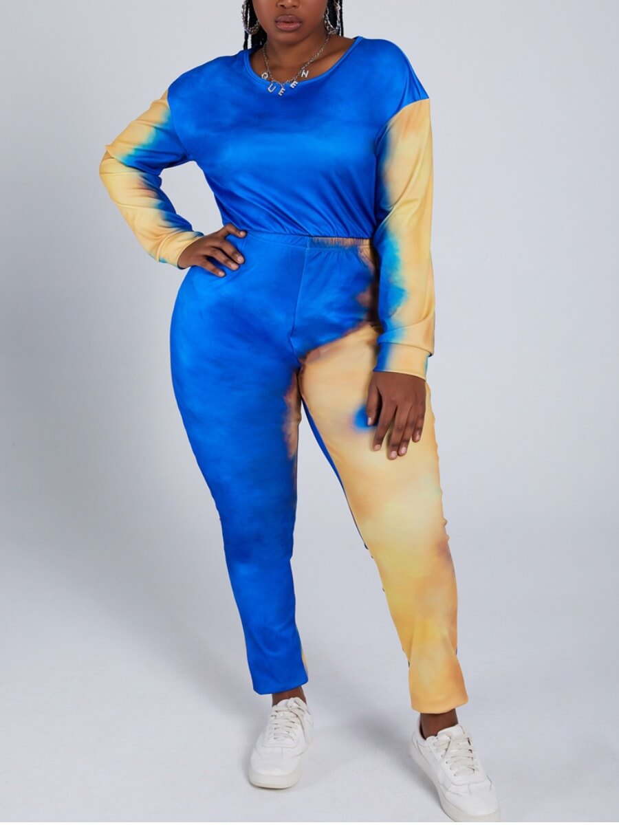 

Lovely Sweet O Neck Tie-dye Patchwork Blue Plus Size Two-piece Pants Set
