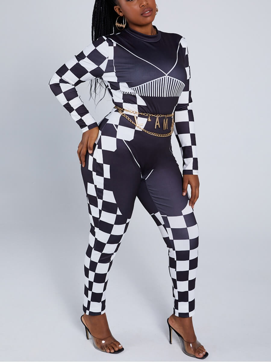 

Lovely Sportswear Geometric Print Patchwork Black Plus Size One-piece Jumpsuit(Without Waist Chain