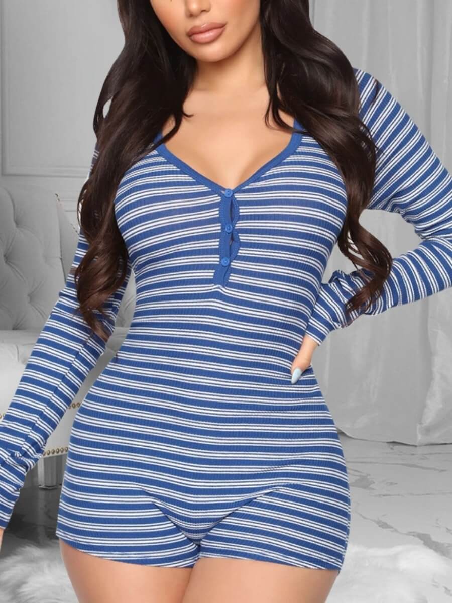 

Lovely Casual V Neck Striped Blue Sleepwear