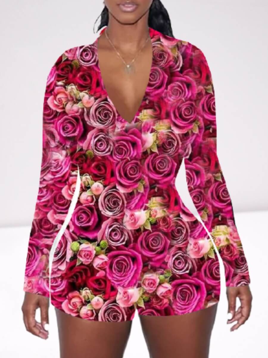 

Lovely Casual V Neck Floral Print Rose Red Sleepwear