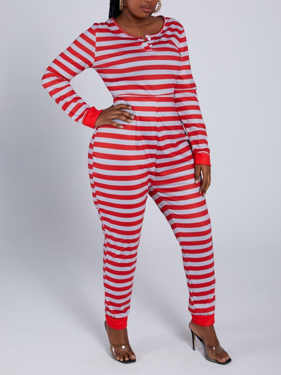 

Lovely Casual Christmas Day Striped Red Plus Size One-piece Jumpsuit