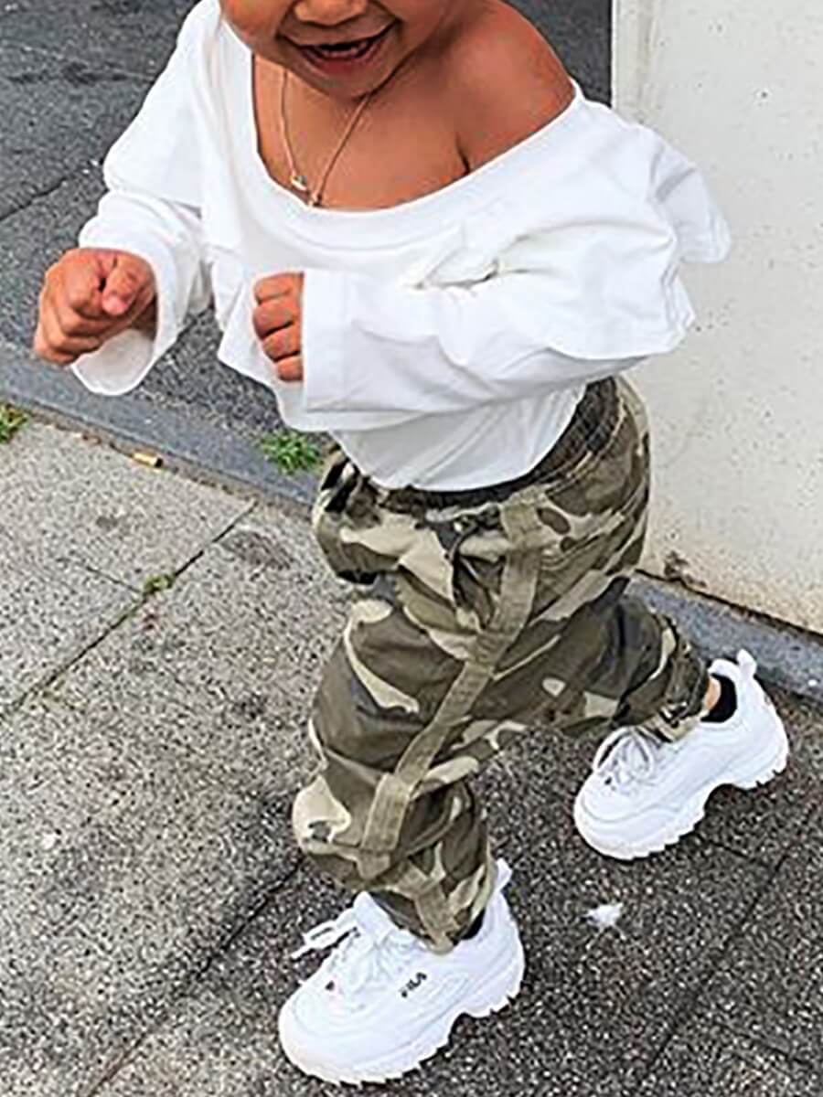 

Lovely Girl Casual O Neck Camo Print White Two Piece Pants Set
