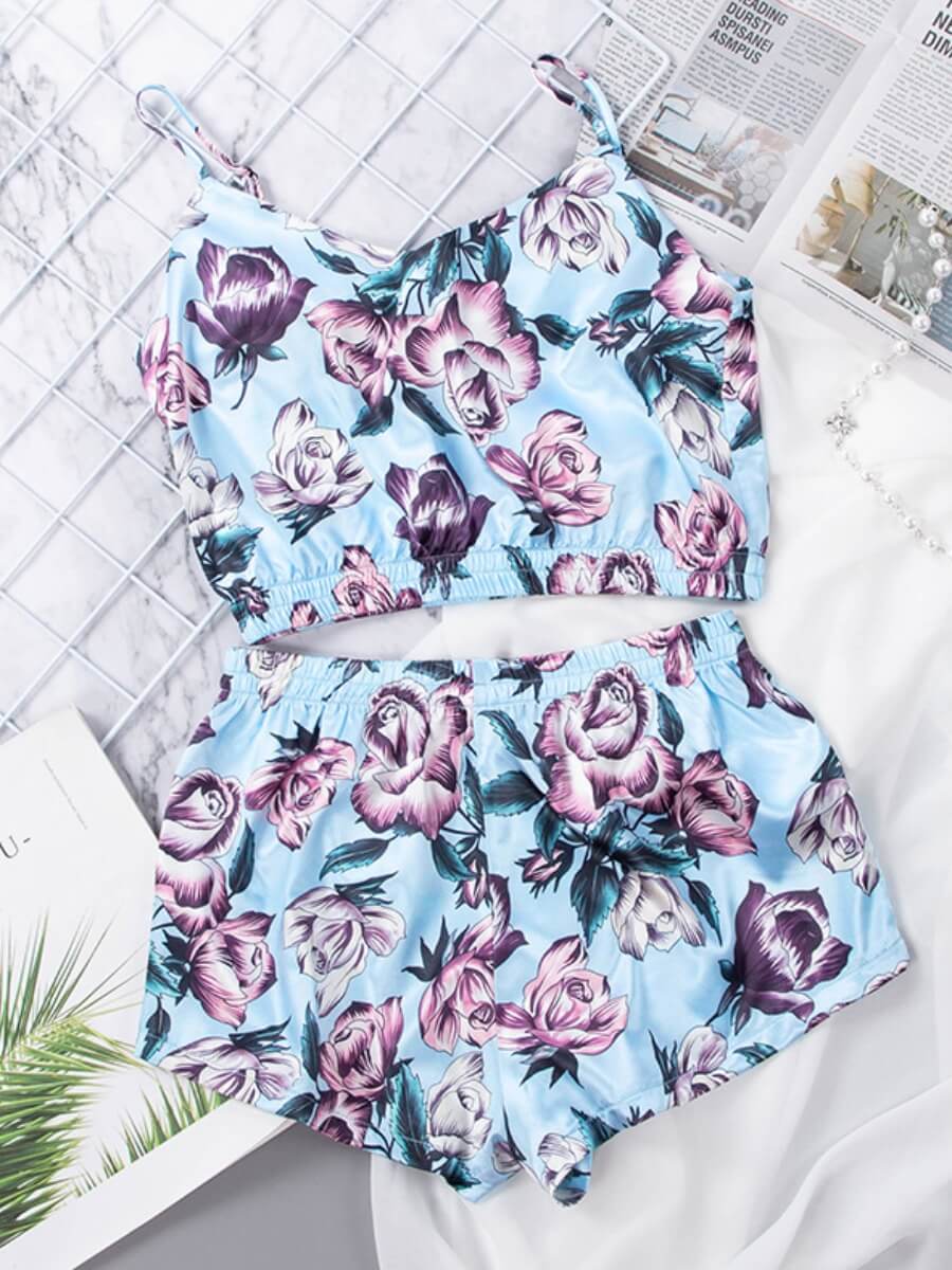 

Lovely Home Style V Neck Floral Print Blue Sleepwear