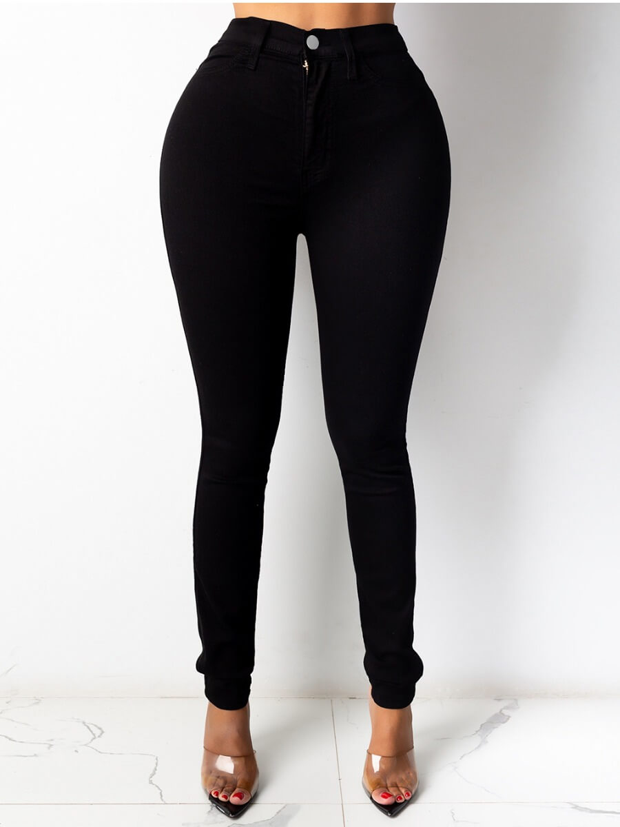 

Lovely Casual High-waisted Zipper Design Skinny Black Jeans