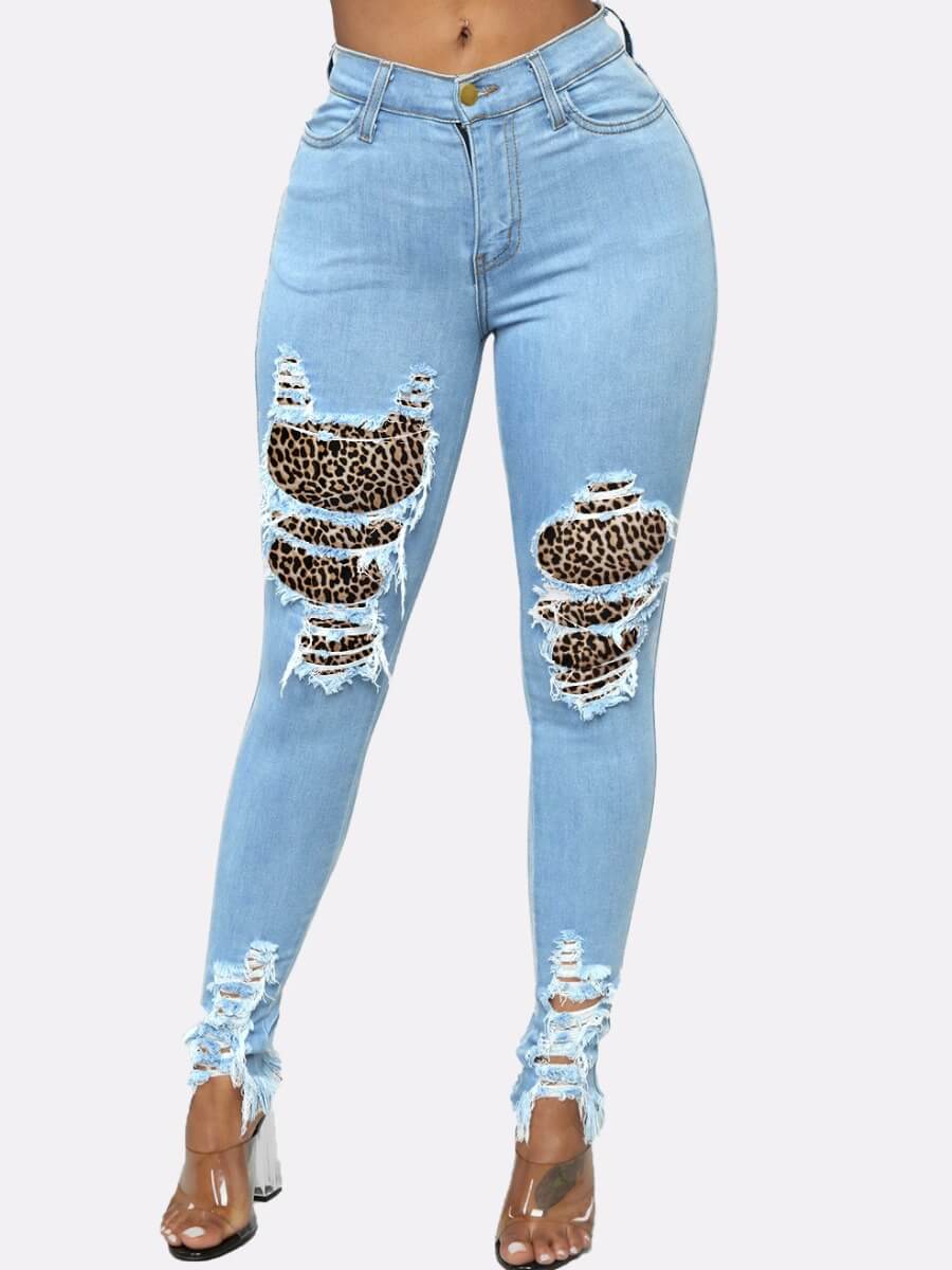 

Lovely Casual Leopard Print Broken Holes Baby Blue Jeans