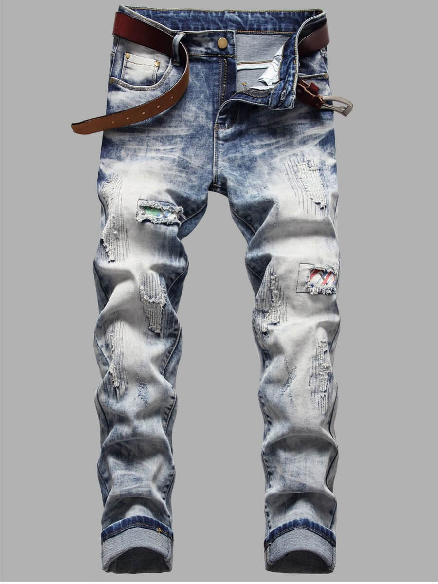 

LW Men Casual Tie-dye Broken Holes Blue Jeans