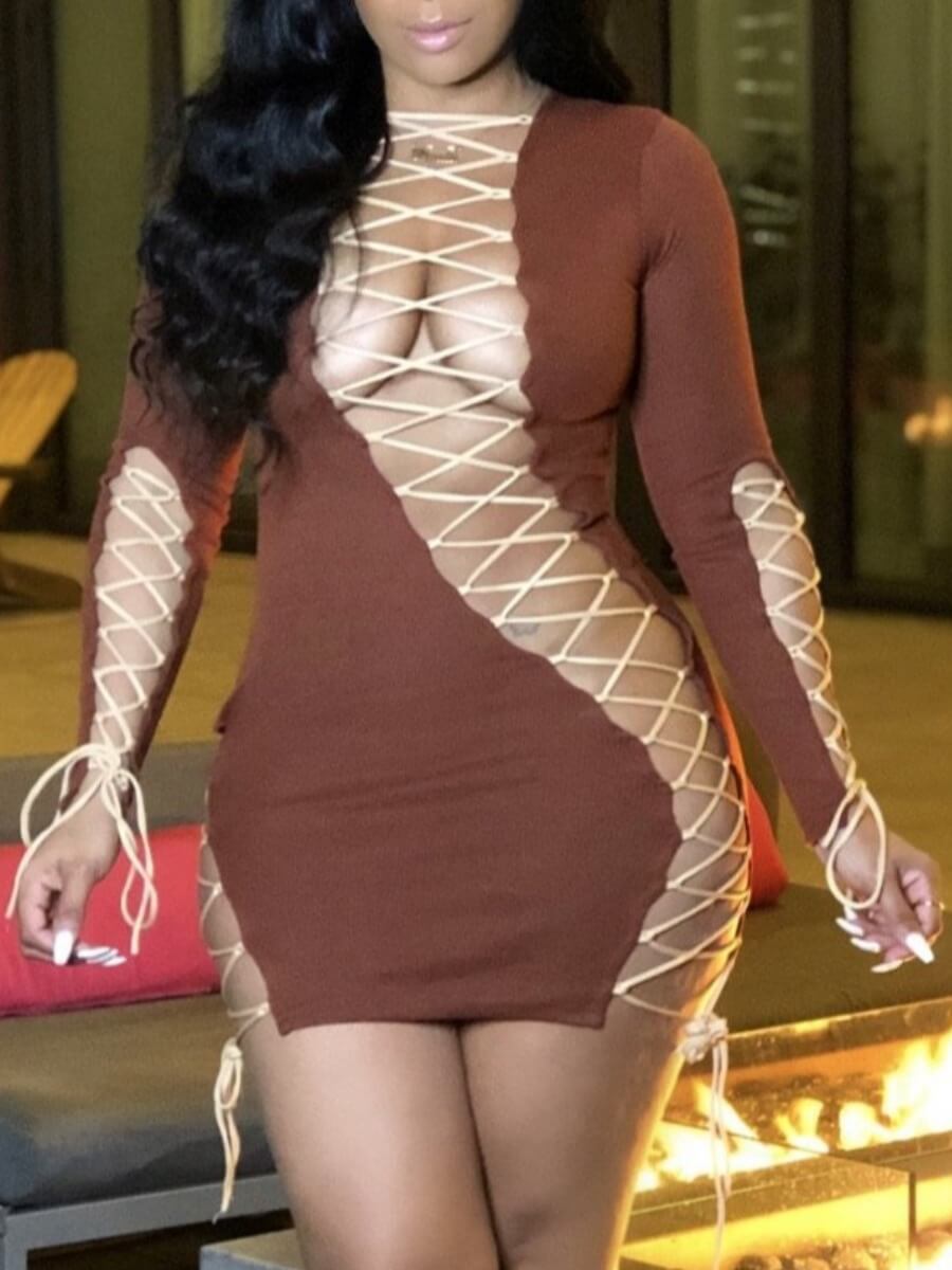 

Lovely Street Bandage Hollow-out Design Patchwork Coffee Mini Dress