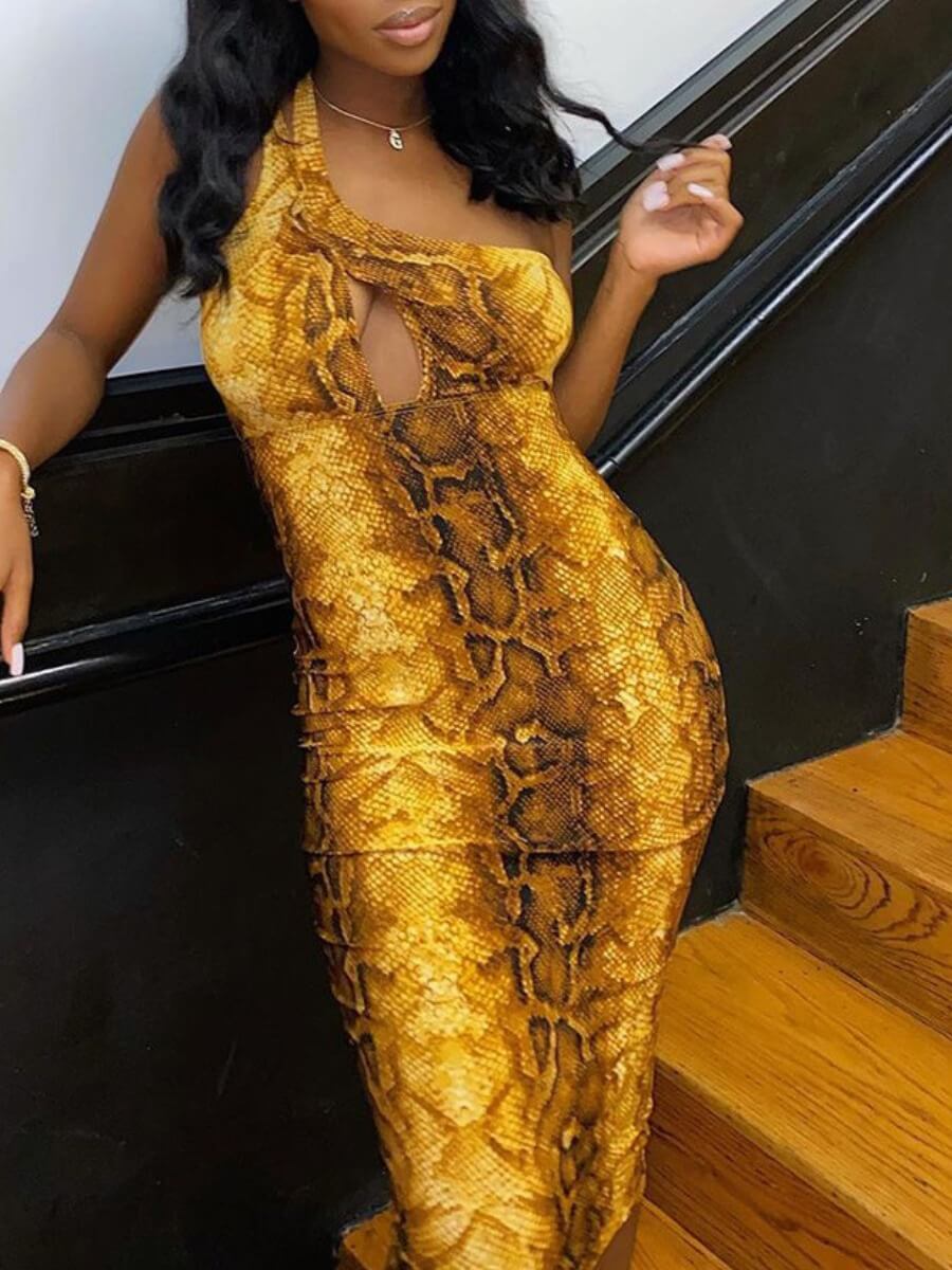 

Lovely Street One Shoulder Cobra Print Mid Calf Dress