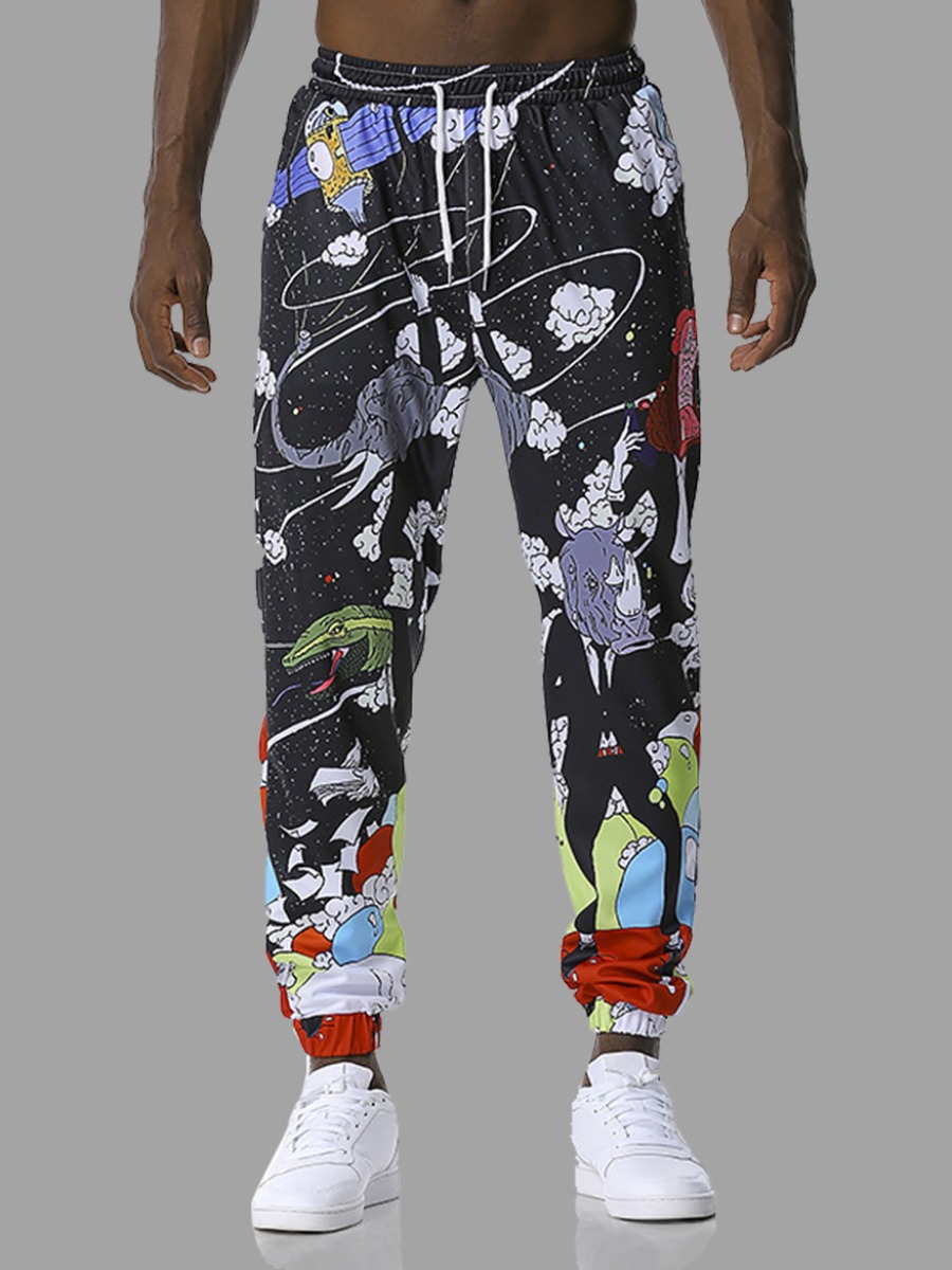 

Lovely Casual Mid Waist Cartoon Print Drawstring Black Pants
