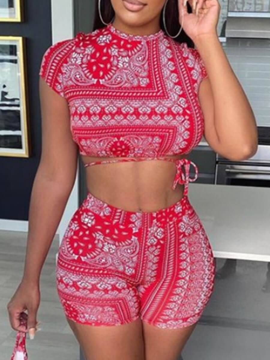 

Lovely Sexy Geometric Print Bandage Hollow-out Design Red Sleepwear