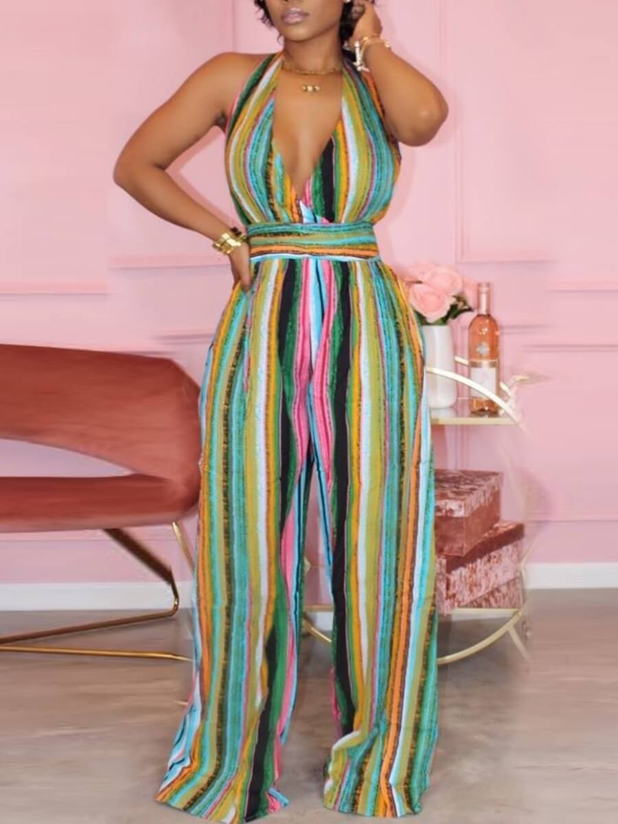

Lovely Casual Backless Striped Print Multicolor One-piece Jumpsuit, Multi