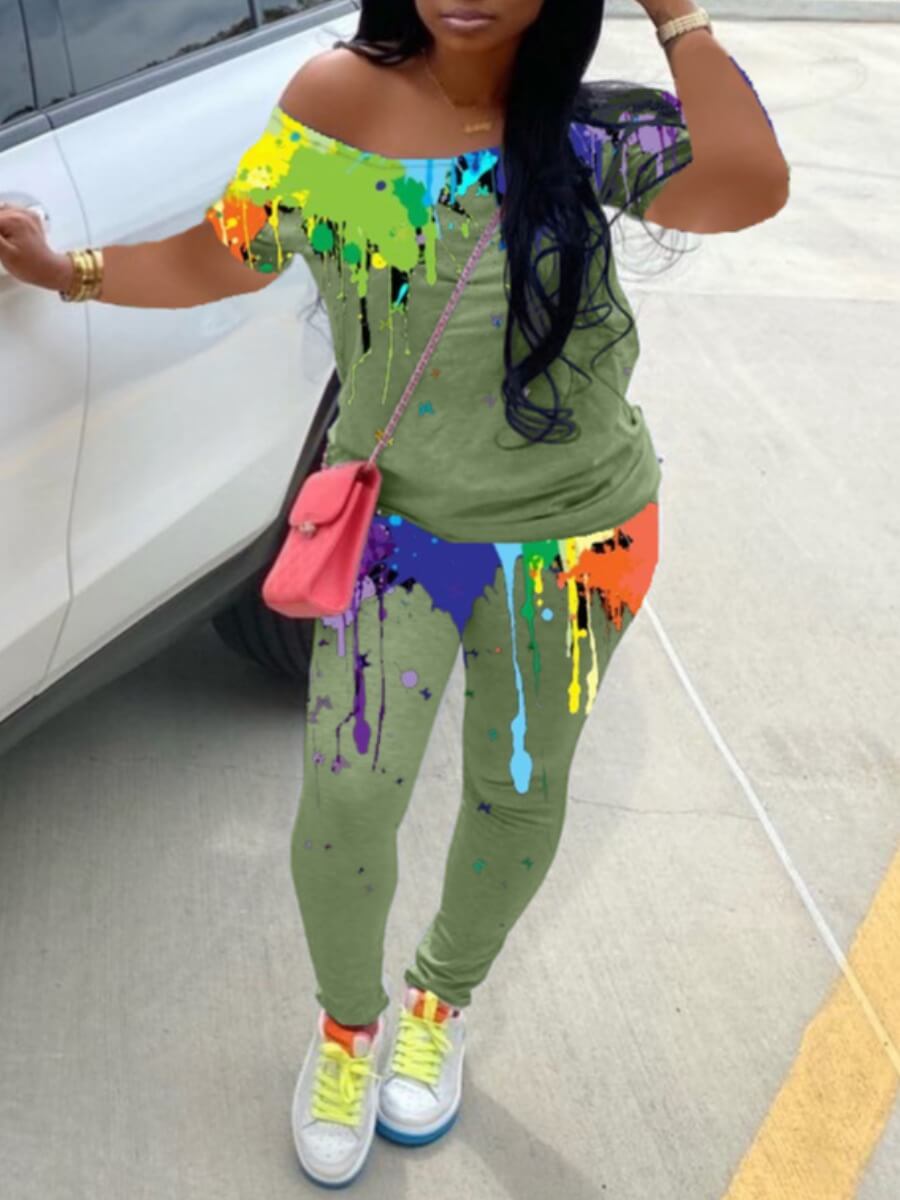 

Lovely Casual O Neck Print Green Two Piece Pants Set