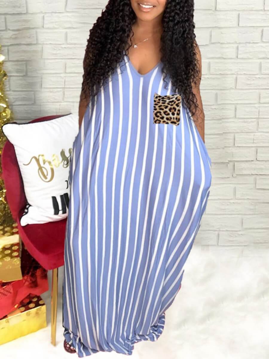 

Lovely Casual V Neck Striped Leopard Print Blue Floor Length Plus Size Dress