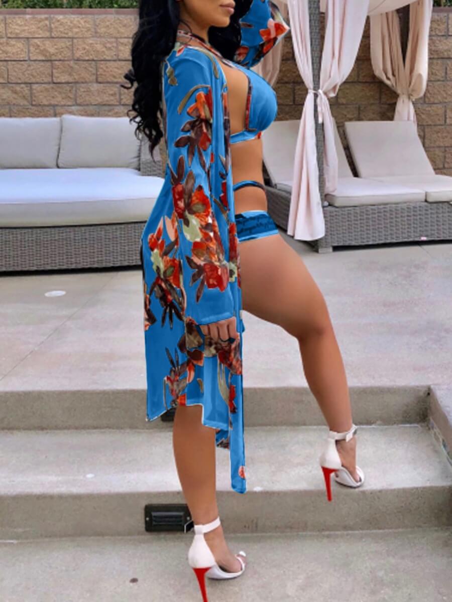 

Lovely Sexy Floral Print Hollow-out Blue Three-piece Swimsuit