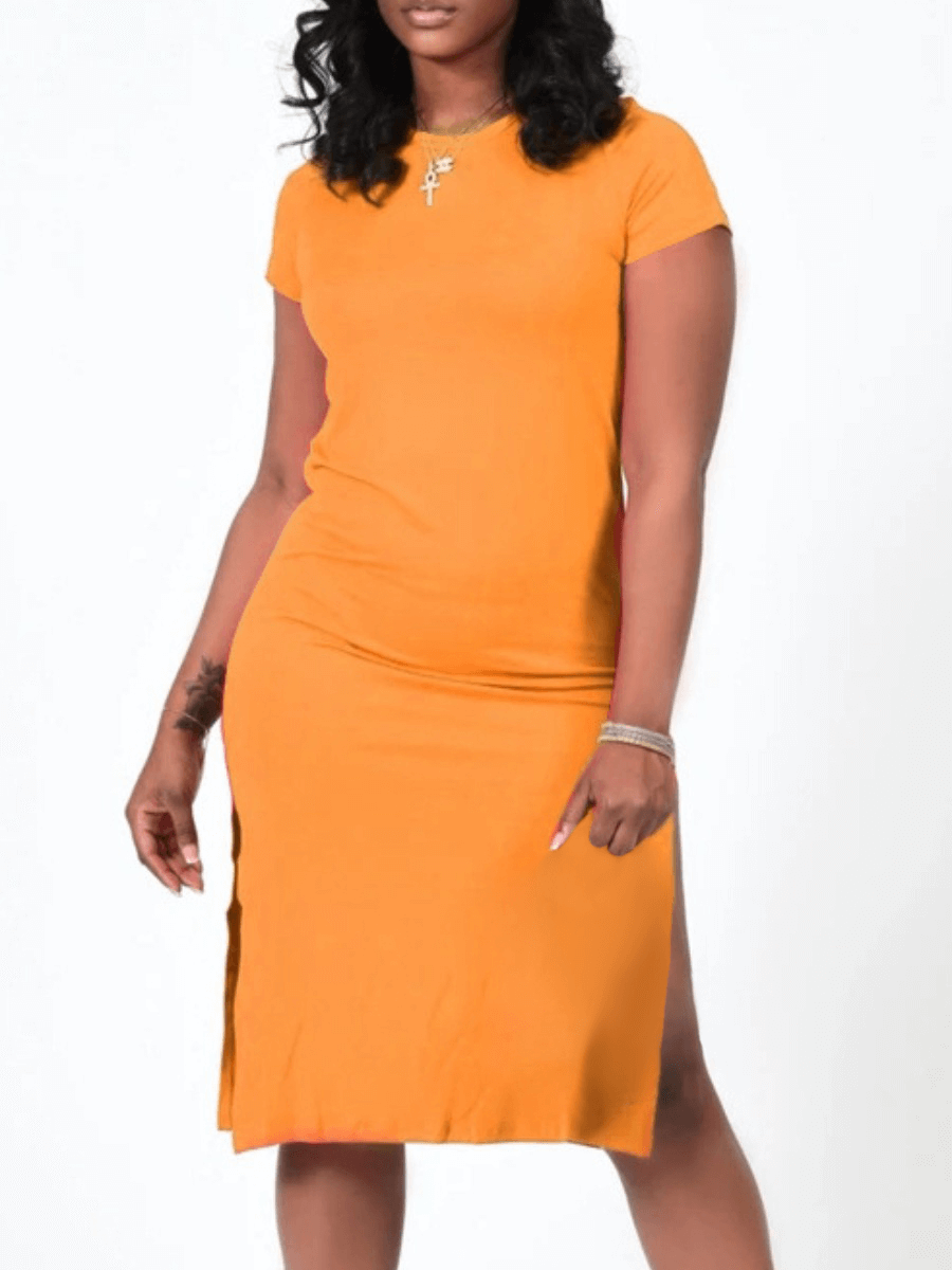 

Lovely Casual O Neck Side Split Yellow Mid Calf Dress