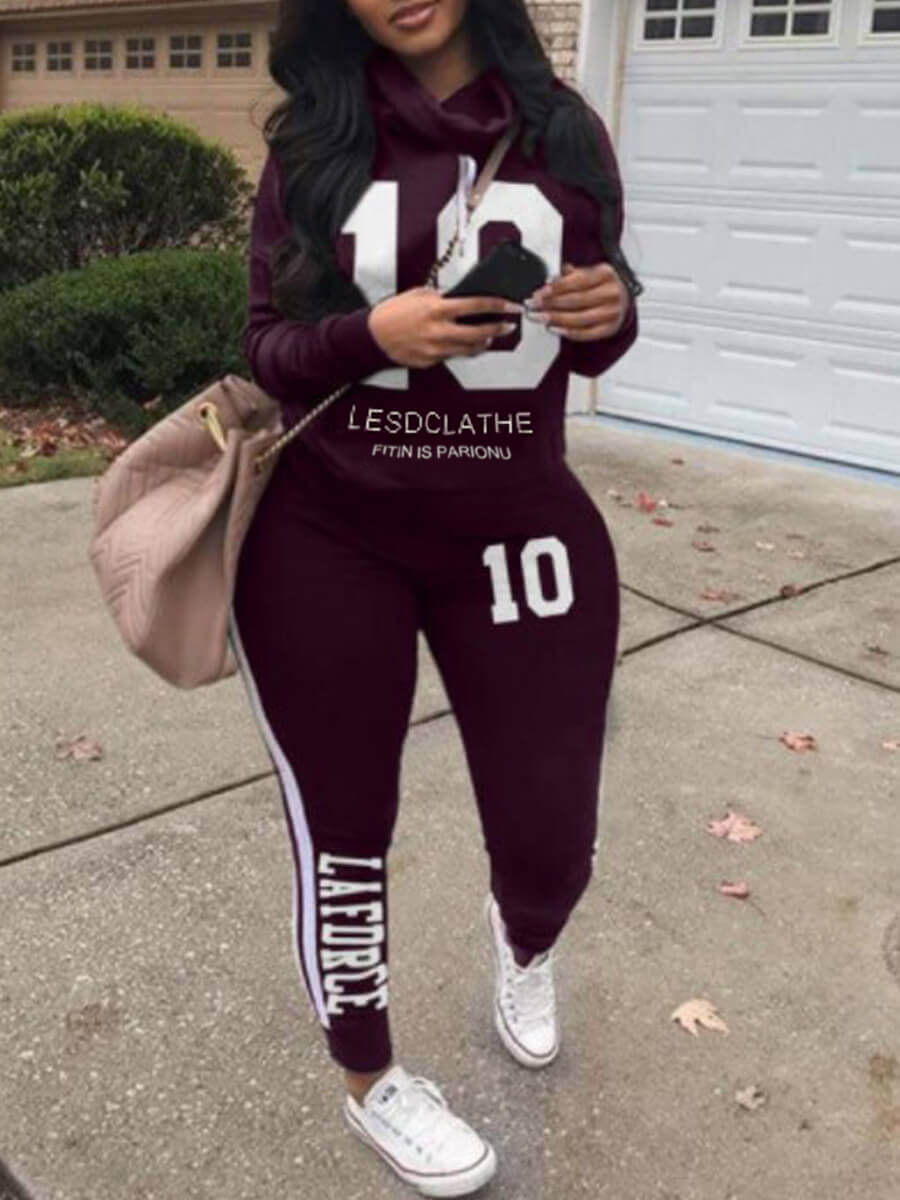 

LW BASICS Casual Letter Print Patchwork Purple Two Piece Pants Set