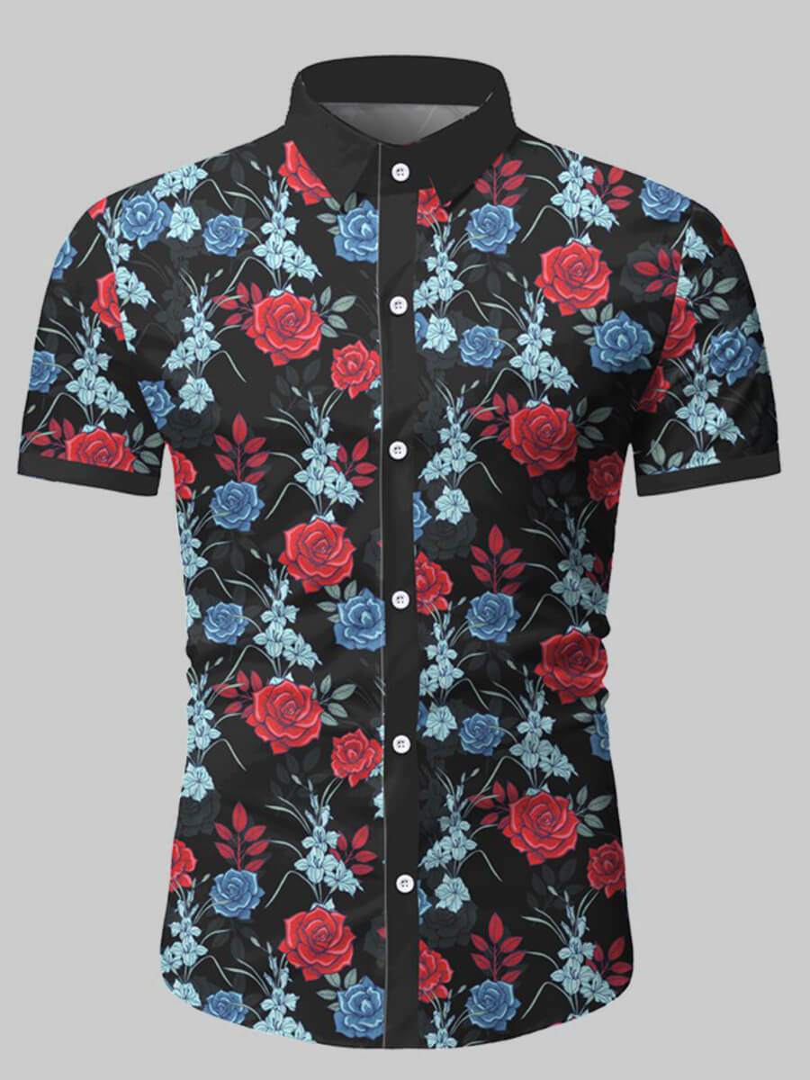 

Lovely Men Casual Turndown Collar Floral Print Black Shirt
