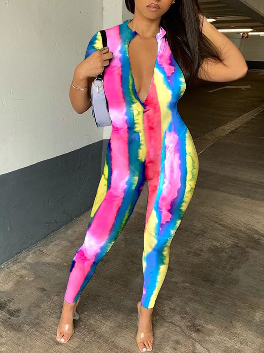 

Lovely Casual V Neck Tie-dye Skinny Multicolor One-piece Jumpsuit(No-positioning Printing), Multi