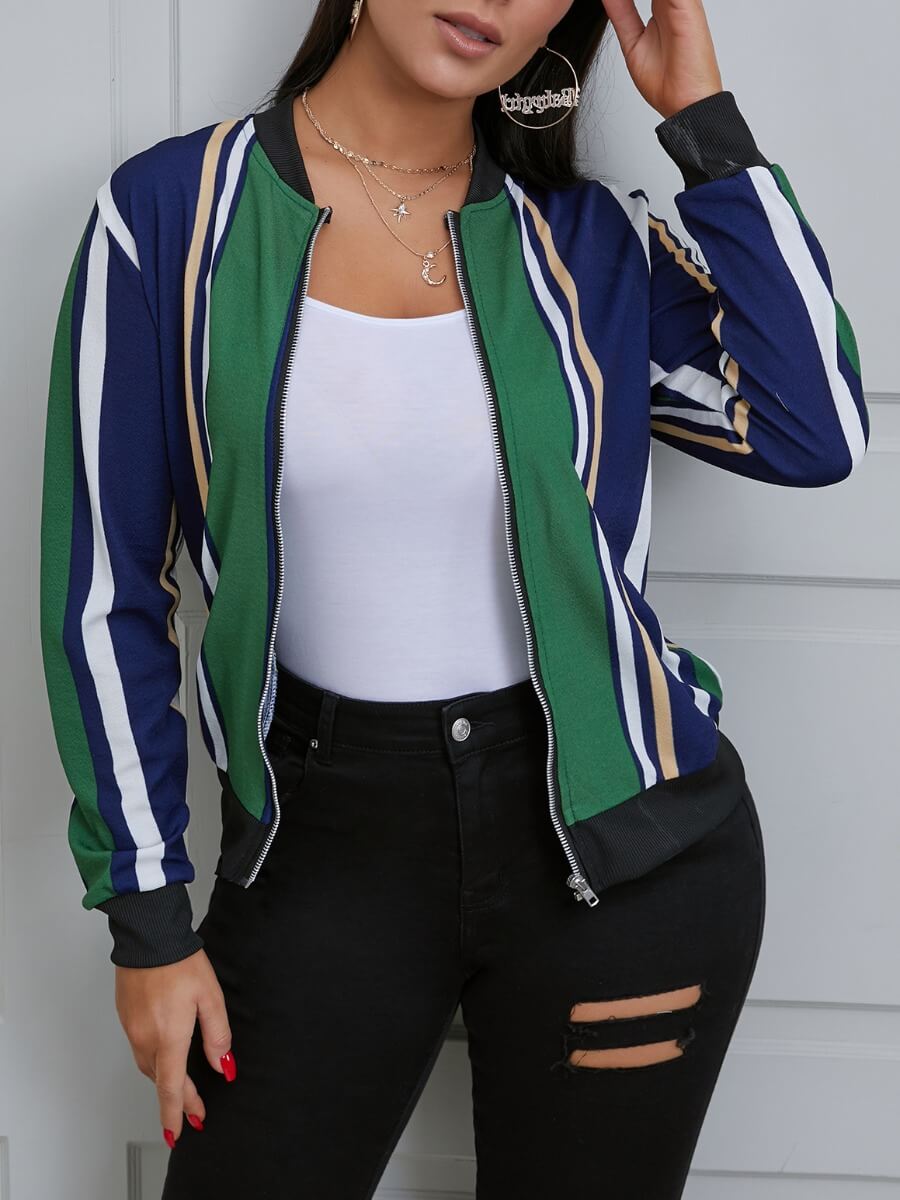 

Lovely Casual Striped Print Patchwork Green Jacket