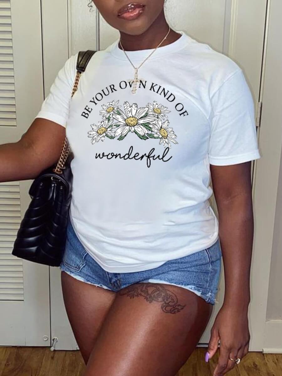

Lovely Casual O Neck Floral Letter Print White T-shirt