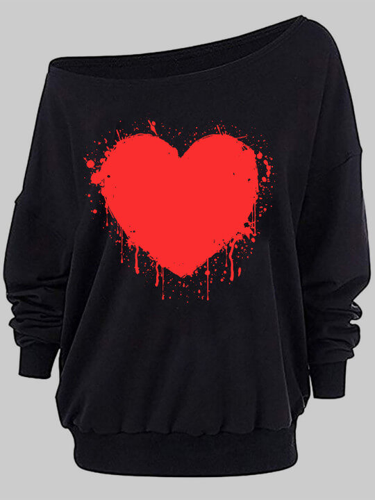 

Lovely Casual Boat Neck Heart-shaped Print Black Plus Size Hoodie